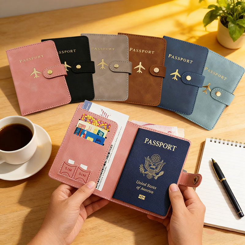 Women'S Essential Accessories - レザーパスポートホルダーカバーケース、旅行必需品、クレジットカードウォレット、女性/男性用パスポートブック、バックル付きパスポートカバー