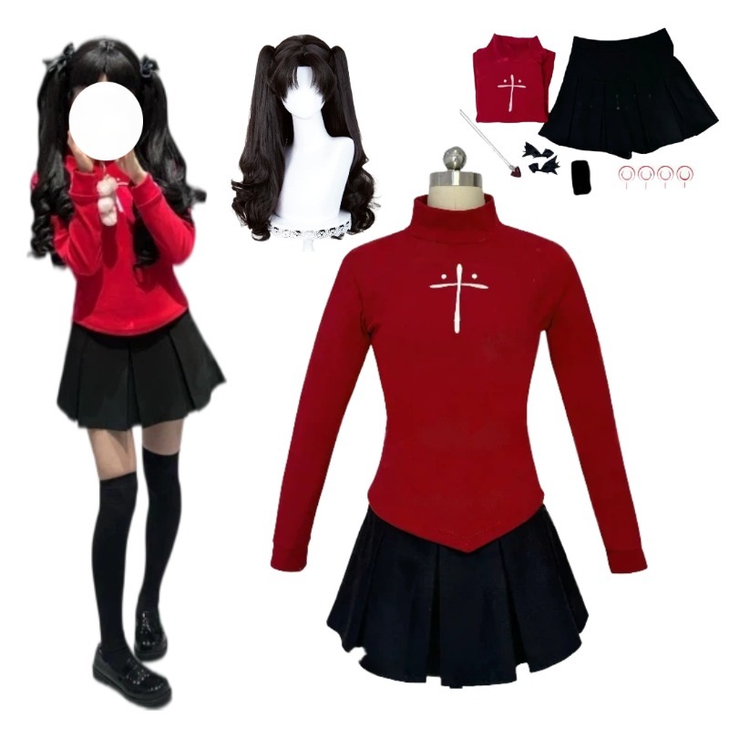 アニメ遠坂凛コスプレ衣装レッドトップ黒スカートアクセサリース - Women'S Red Accessories のレビューと価格